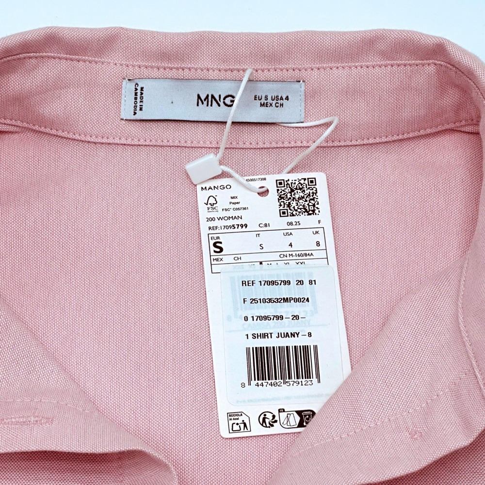 MNG Mango Jauny Pink Oversized Button Down Shirt Cotton Blend Womens Size S NWT - Picture 4 of 9